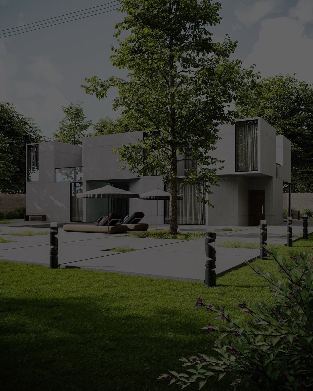 Modern home exterior with landscaped yard, featuring a contemporary design, patio area with lounge seating, and surrounding greenery, relevant to home loan insights and mortgage services by Clear Mortgage.